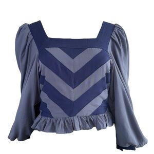 Area Stars Navy Ruffled Puff Sleeve Cropped Blouse